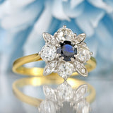 Ellibelle Jewellery Vintage Sapphire & Old-Cut Diamond 18ct Gold Daisy Cluster Ring