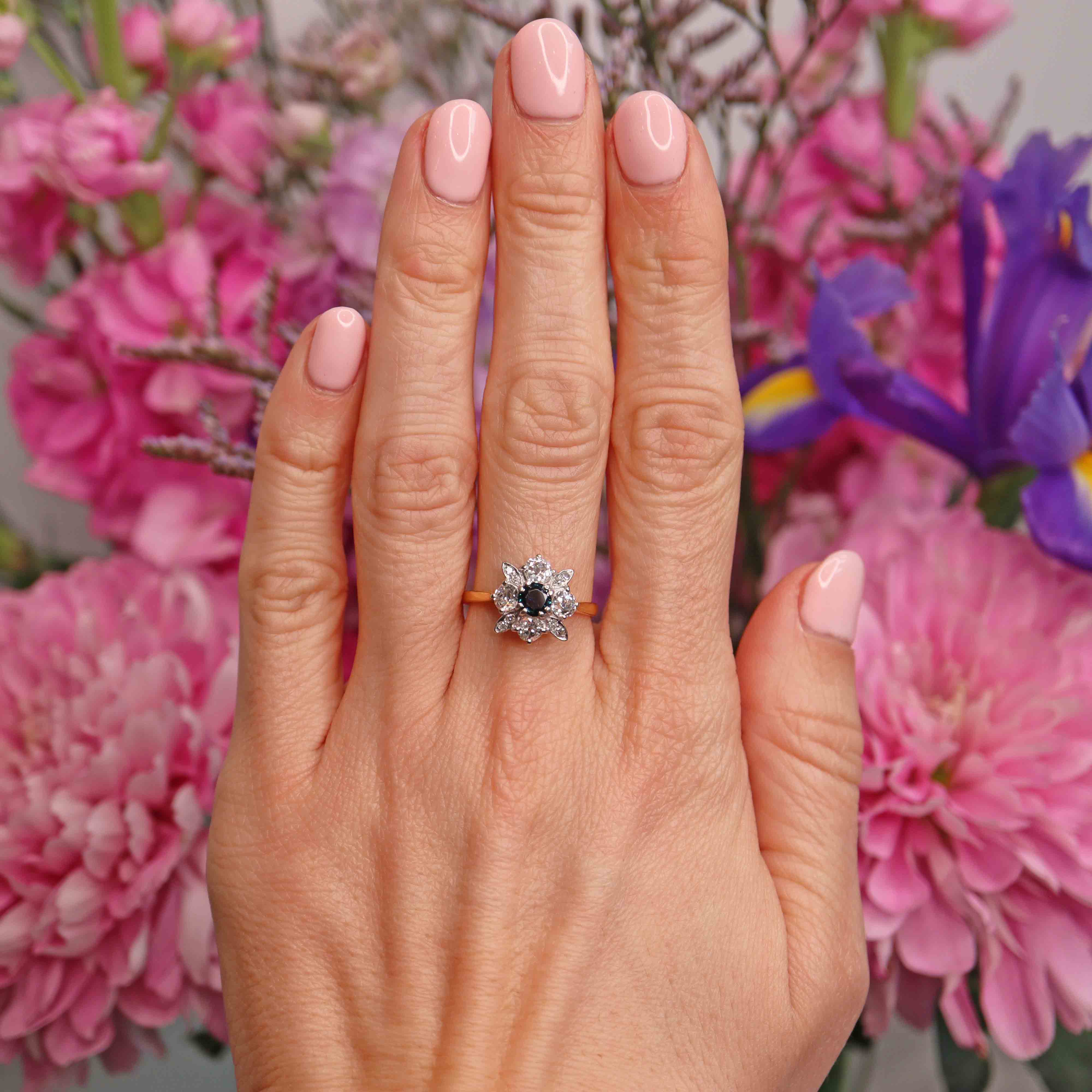 Ellibelle Jewellery Vintage Sapphire & Old-Cut Diamond 18ct Gold Daisy Cluster Ring