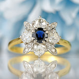 Ellibelle Jewellery Vintage Sapphire & Old-Cut Diamond 18ct Gold Daisy Cluster Ring