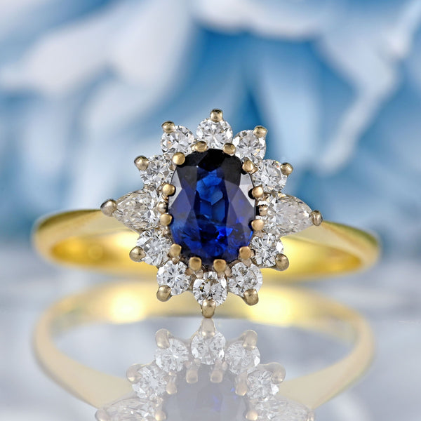 Ellibelle Jewellery Vintage Sapphire & Pear-Cut Diamond 18ct Gold Cluster Ring (0.70cts)