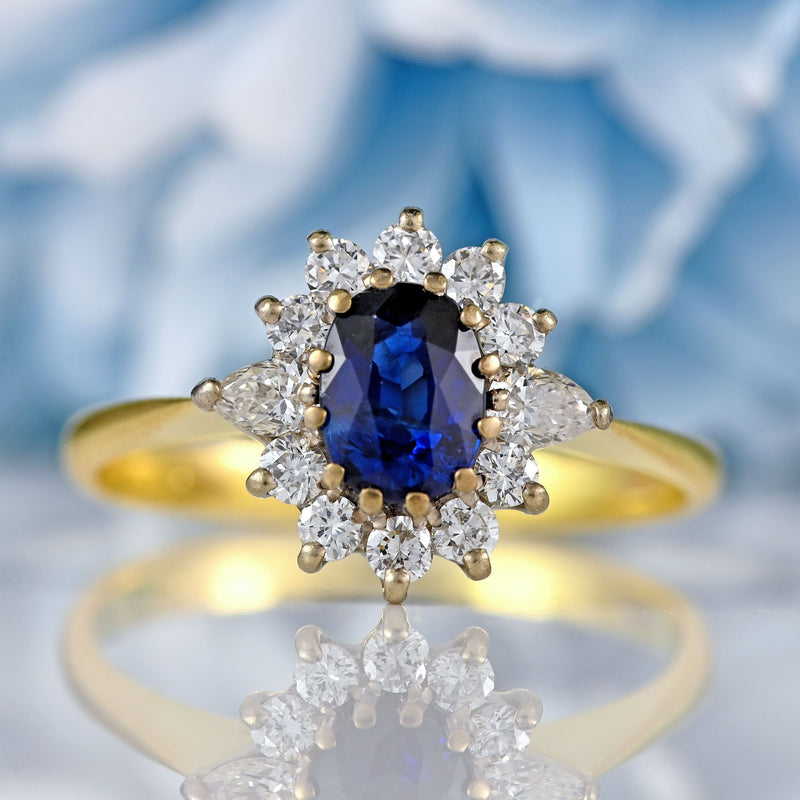 Ellibelle Jewellery Vintage Sapphire & Pear-Cut Diamond 18ct Gold Cluster Ring (0.70cts)