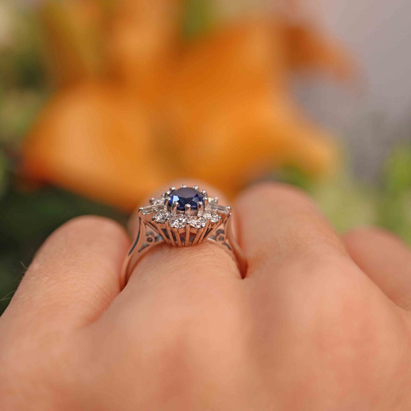 Ellibelle Jewellery Vintage Sapphire & Vari-Cut Diamond 18ct White Gold Cluster Ring (0.85cts)