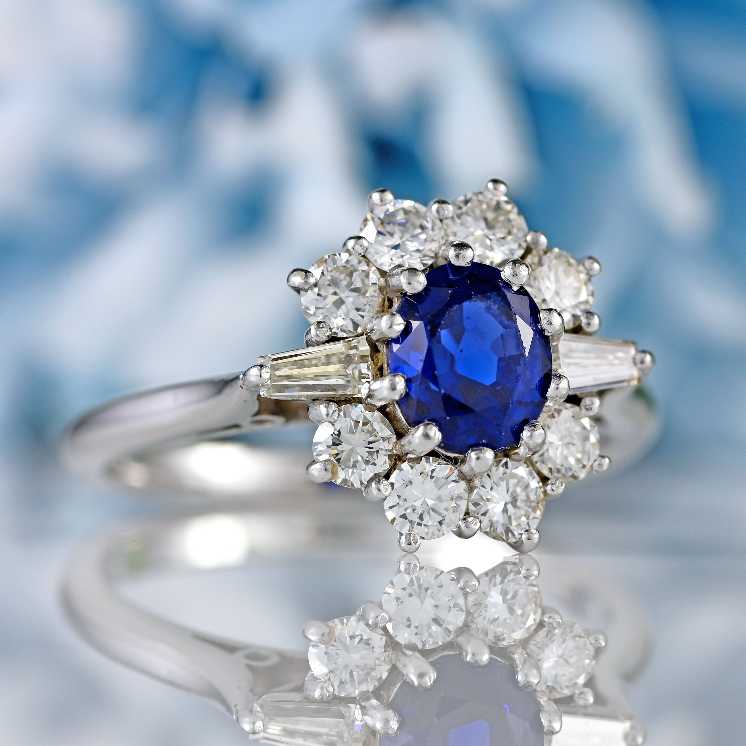 Ellibelle Jewellery Vintage Sapphire & Vari-Cut Diamond 18ct White Gold Cluster Ring (0.85cts)