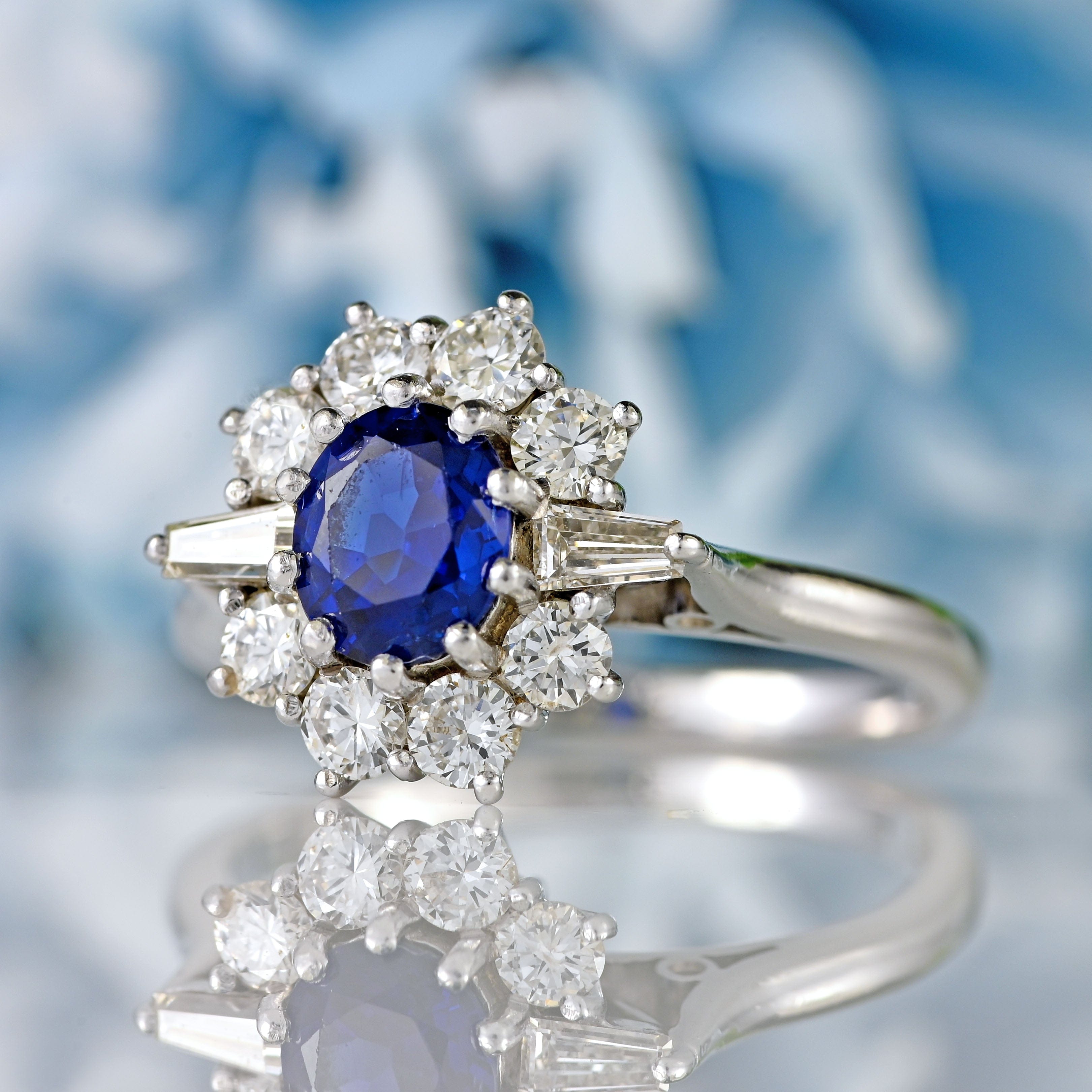 Ellibelle Jewellery Vintage Sapphire & Vari-Cut Diamond 18ct White Gold Cluster Ring (0.85cts)