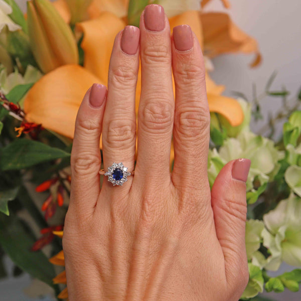 Ellibelle Jewellery Vintage Sapphire & Vari-Cut Diamond 18ct White Gold Cluster Ring (0.85cts)