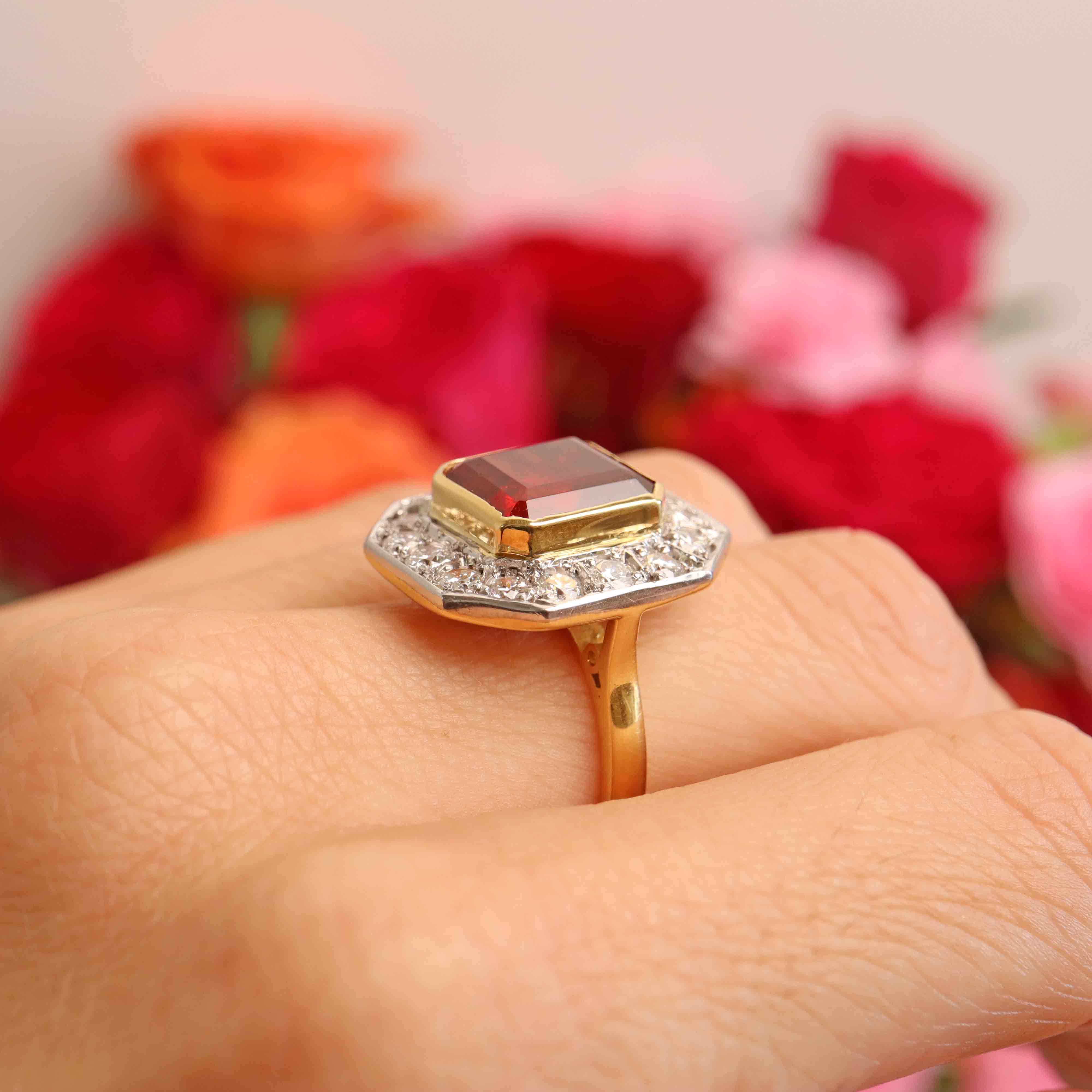 Ellibelle Jewellery Vintage Spessartine Garnet & Diamond 18ct Gold Statement Cocktail Ring