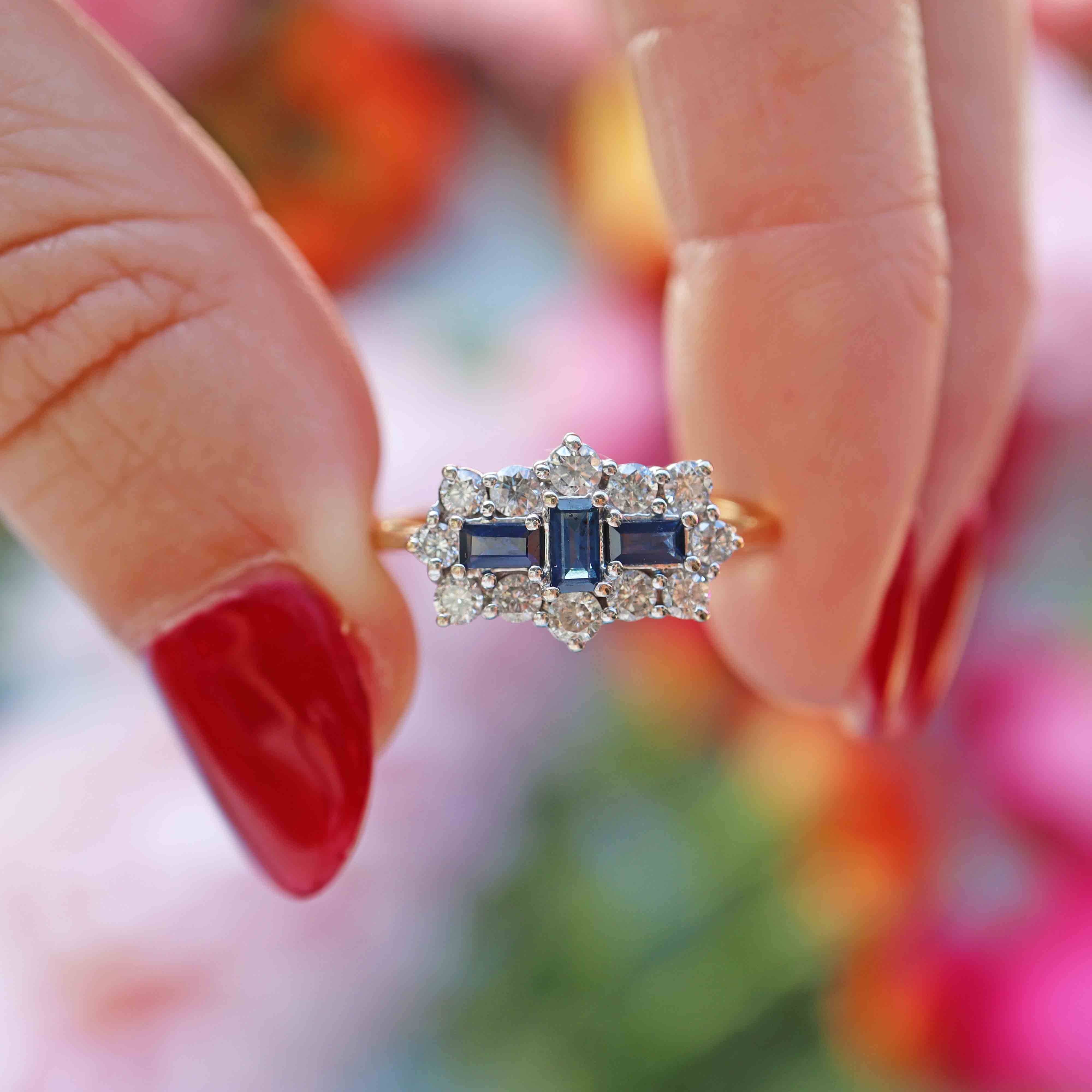 Ellibelle Jewellery Vintage Step-Cut Sapphire & Diamond 18ct Gold Triple-Cluster Ring