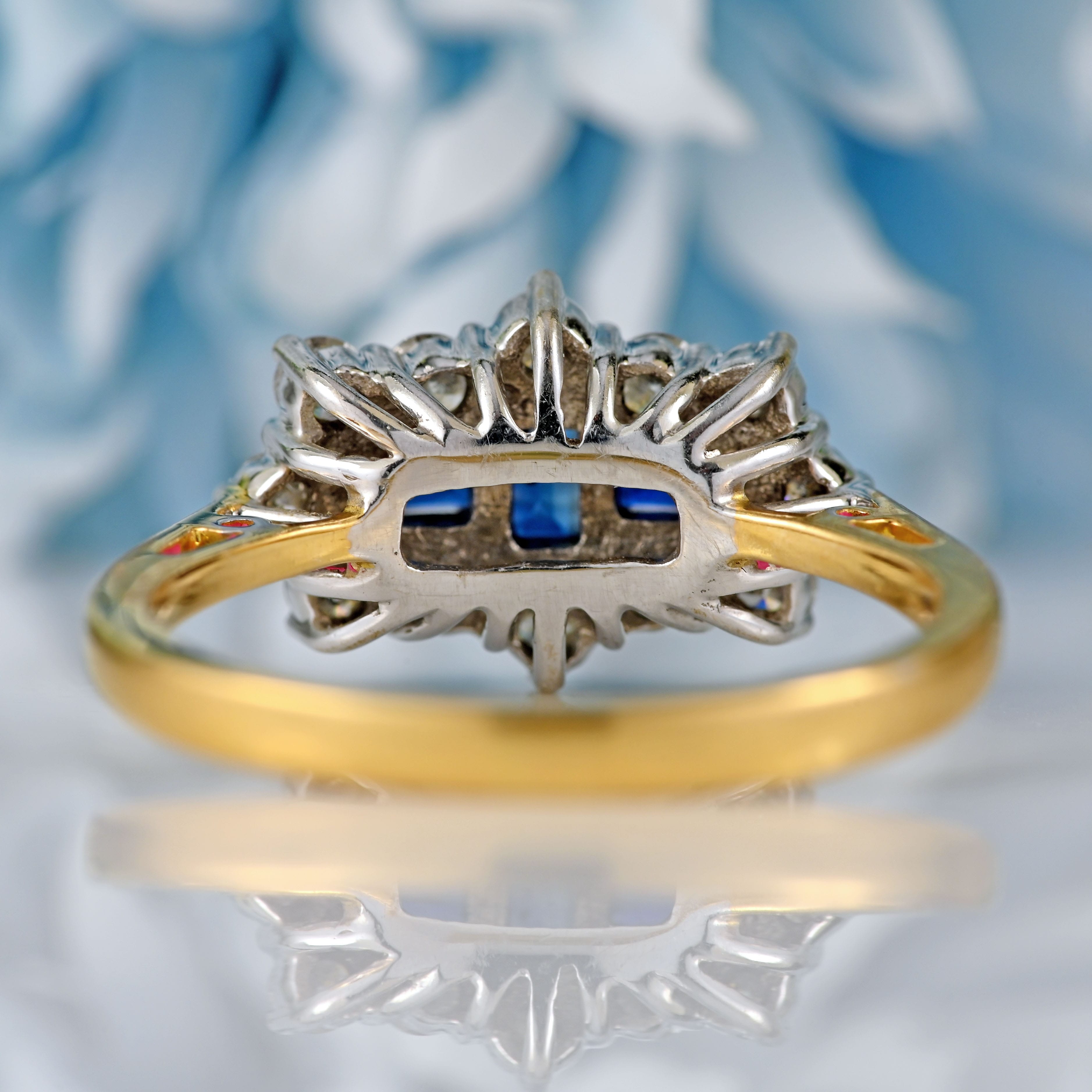 Ellibelle Jewellery Vintage Step-Cut Sapphire & Diamond 18ct Gold Triple-Cluster Ring