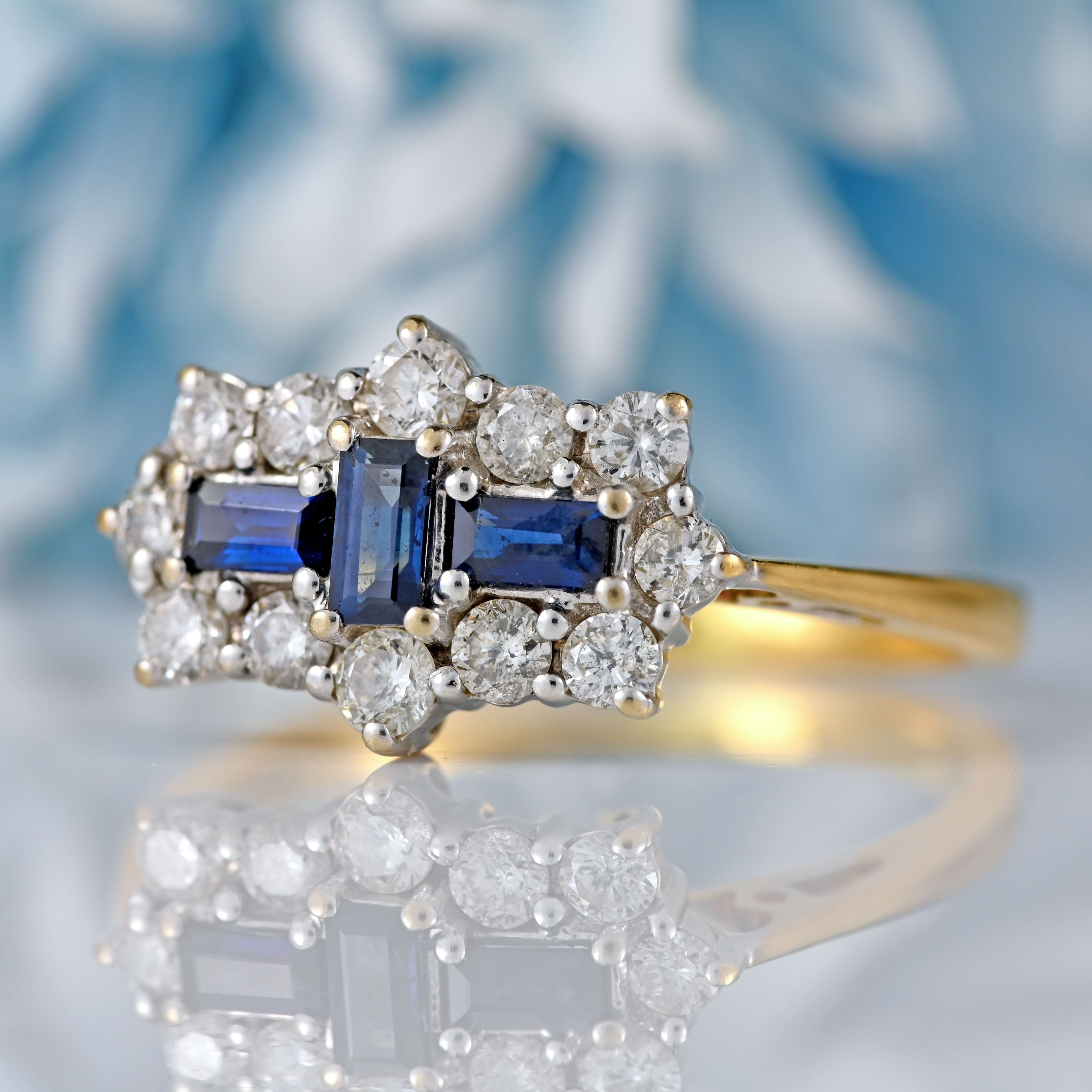Ellibelle Jewellery Vintage Step-Cut Sapphire & Diamond 18ct Gold Triple-Cluster Ring
