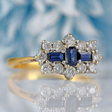 Ellibelle Jewellery Vintage Step-Cut Sapphire & Diamond 18ct Gold Triple-Cluster Ring
