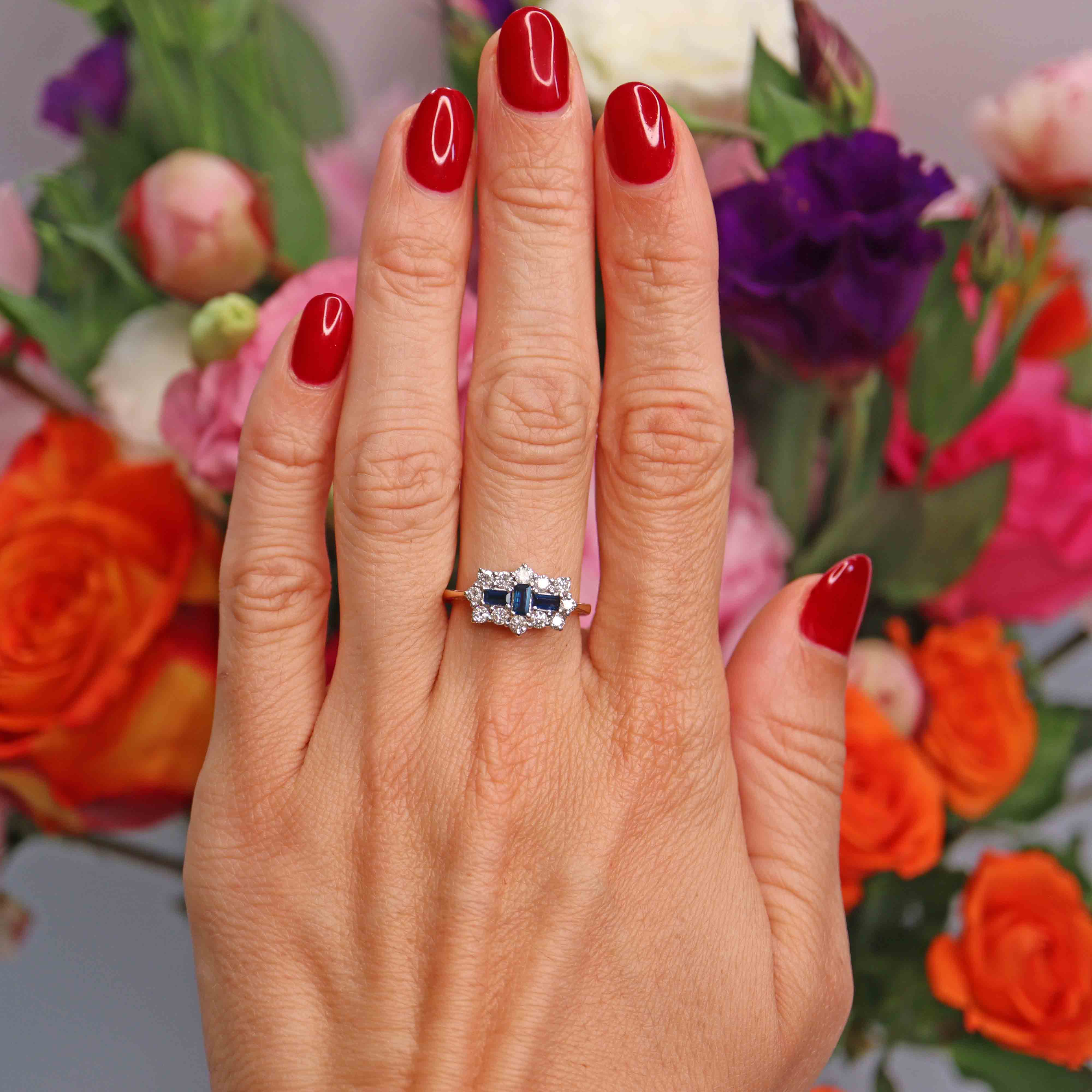 Ellibelle Jewellery Vintage Step-Cut Sapphire & Diamond 18ct Gold Triple-Cluster Ring
