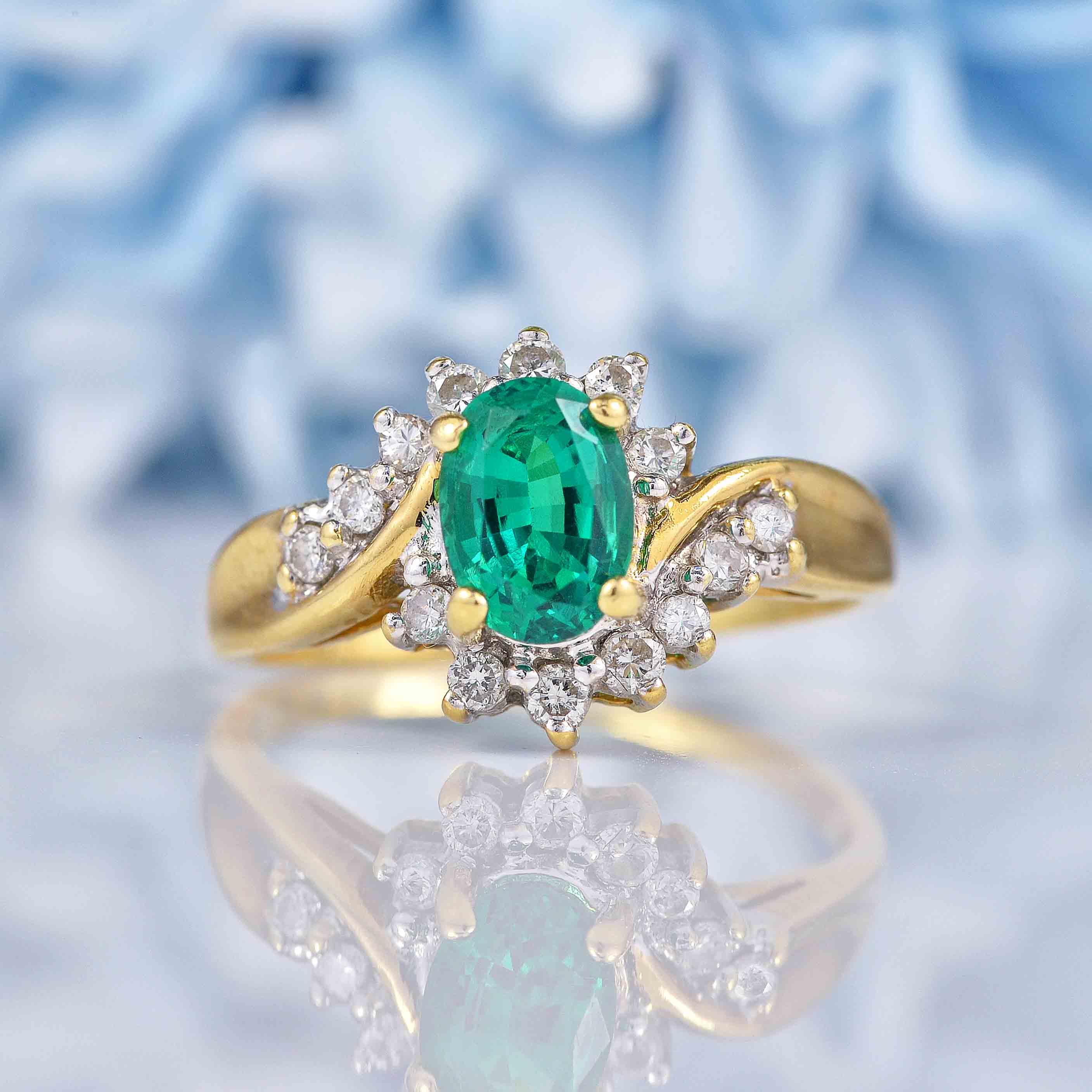 Ellibelle Jewellery Vintage Synthetic Emerald & Diamond Crossover Ring