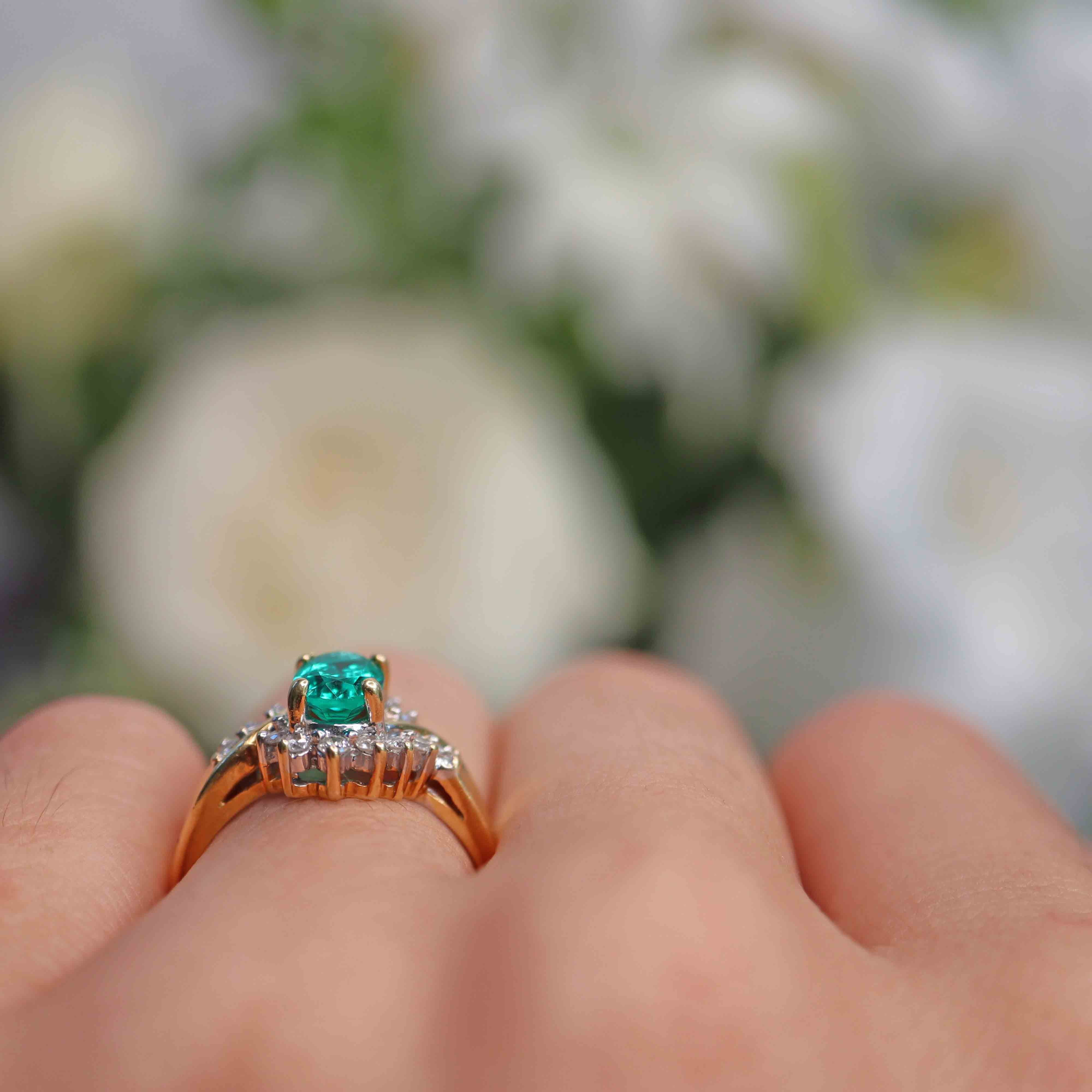 Ellibelle Jewellery Vintage Synthetic Emerald & Diamond Crossover Ring