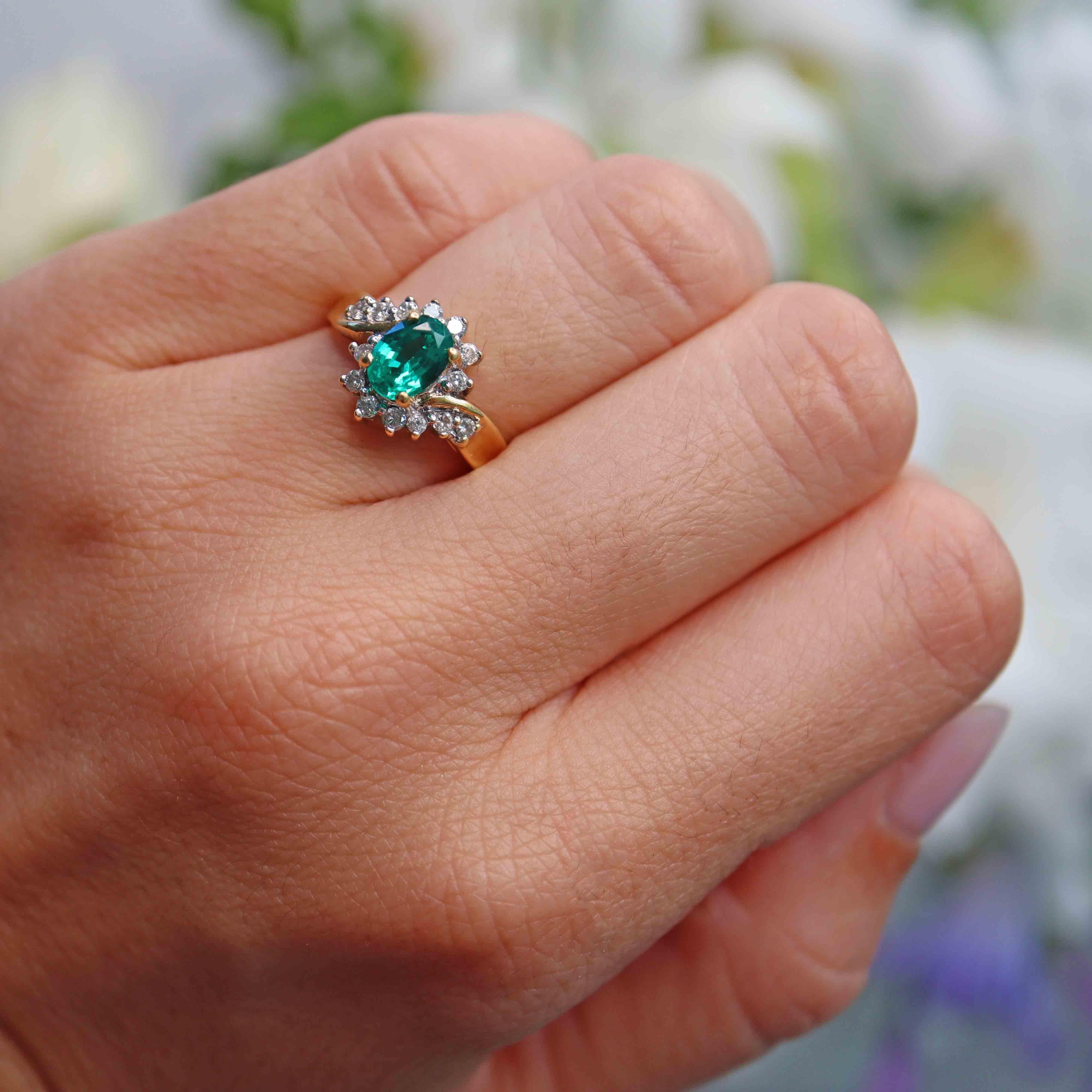 Ellibelle Jewellery Vintage Synthetic Emerald & Diamond Crossover Ring
