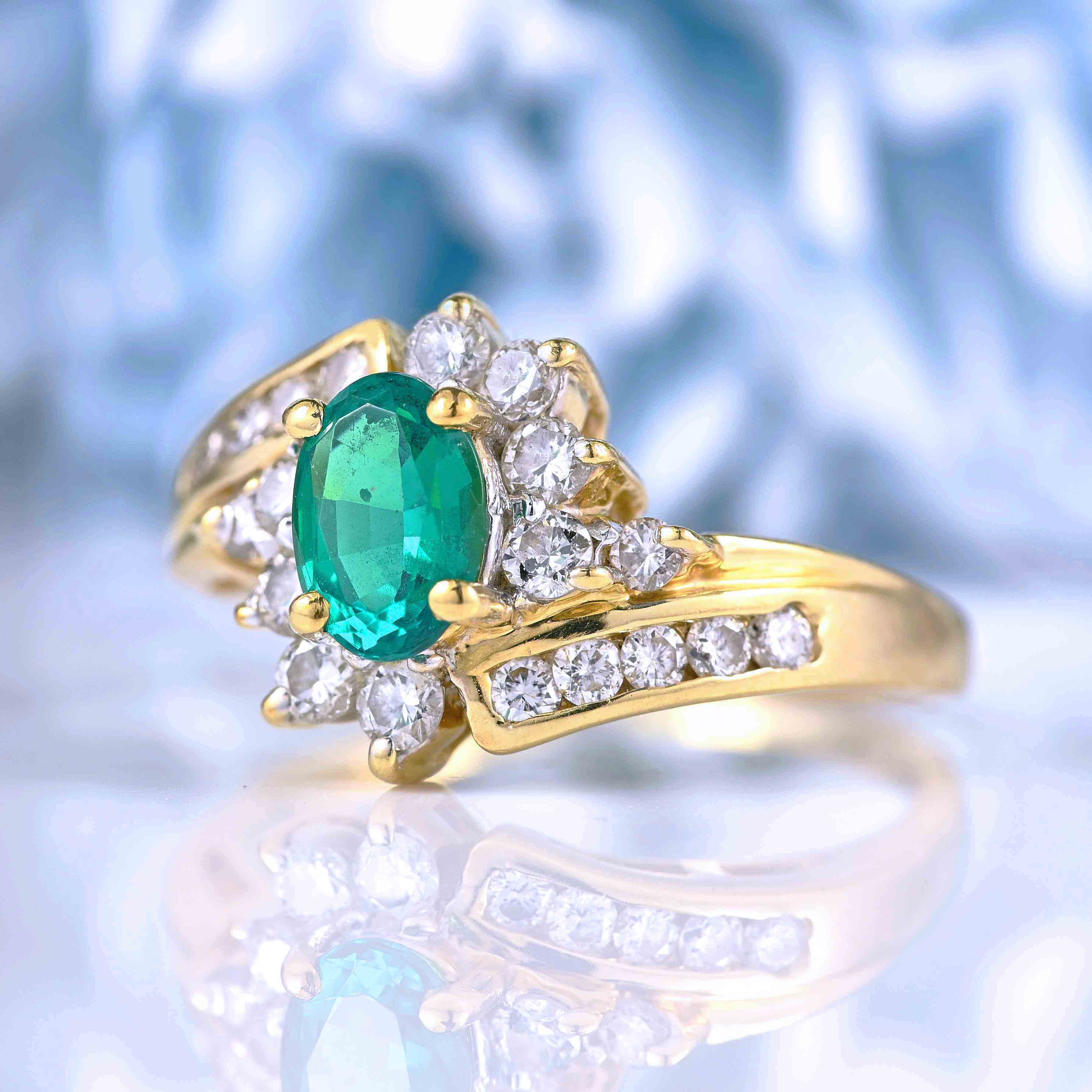 Ellibelle Jewellery Vintage Synthetic Emerald & Diamond Gold Crossover Ring