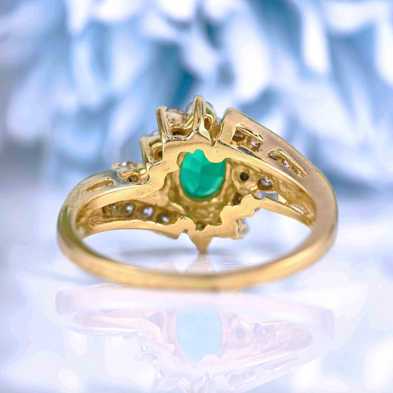 Ellibelle Jewellery Vintage Synthetic Emerald & Diamond Gold Crossover Ring