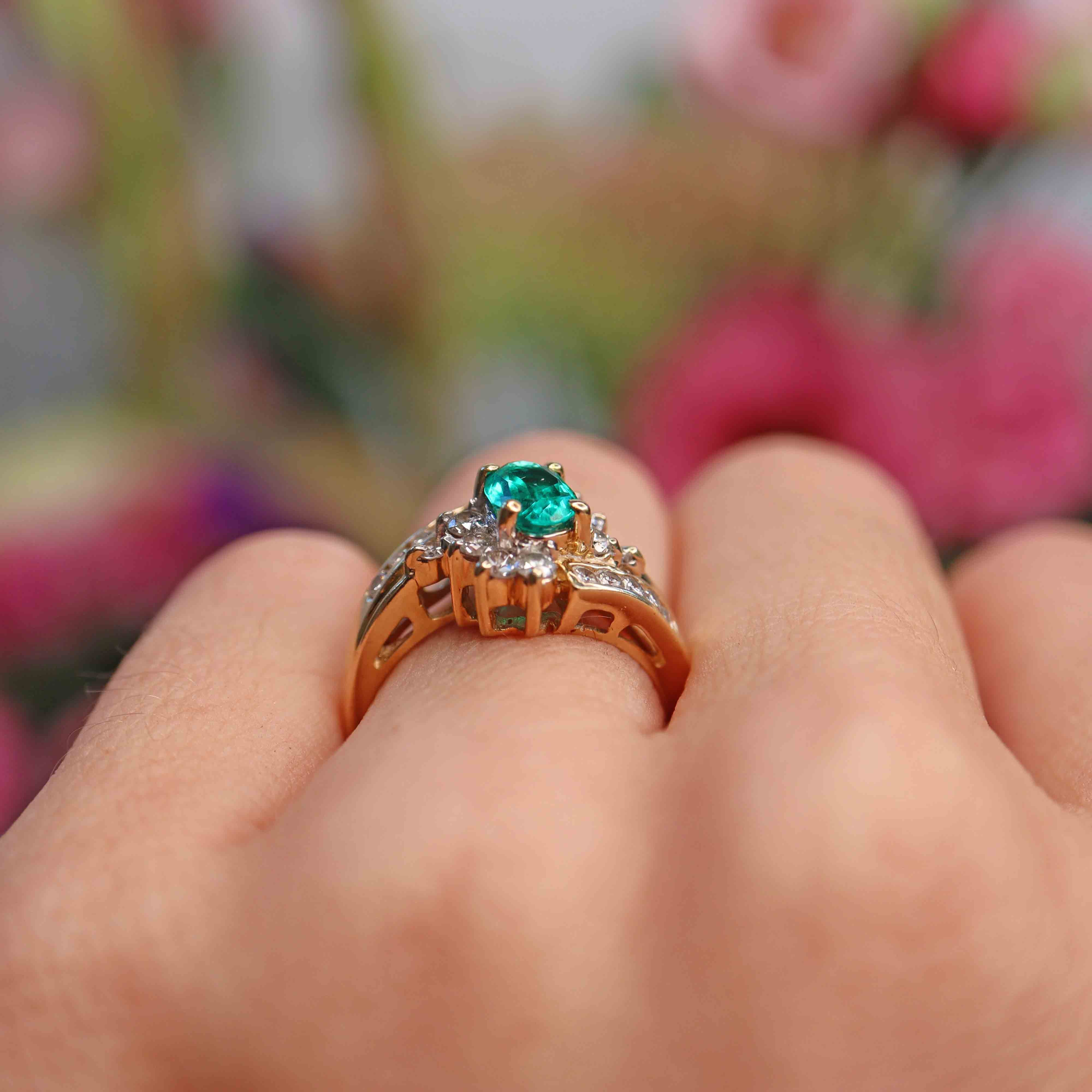 Ellibelle Jewellery Vintage Synthetic Emerald & Diamond Gold Crossover Ring