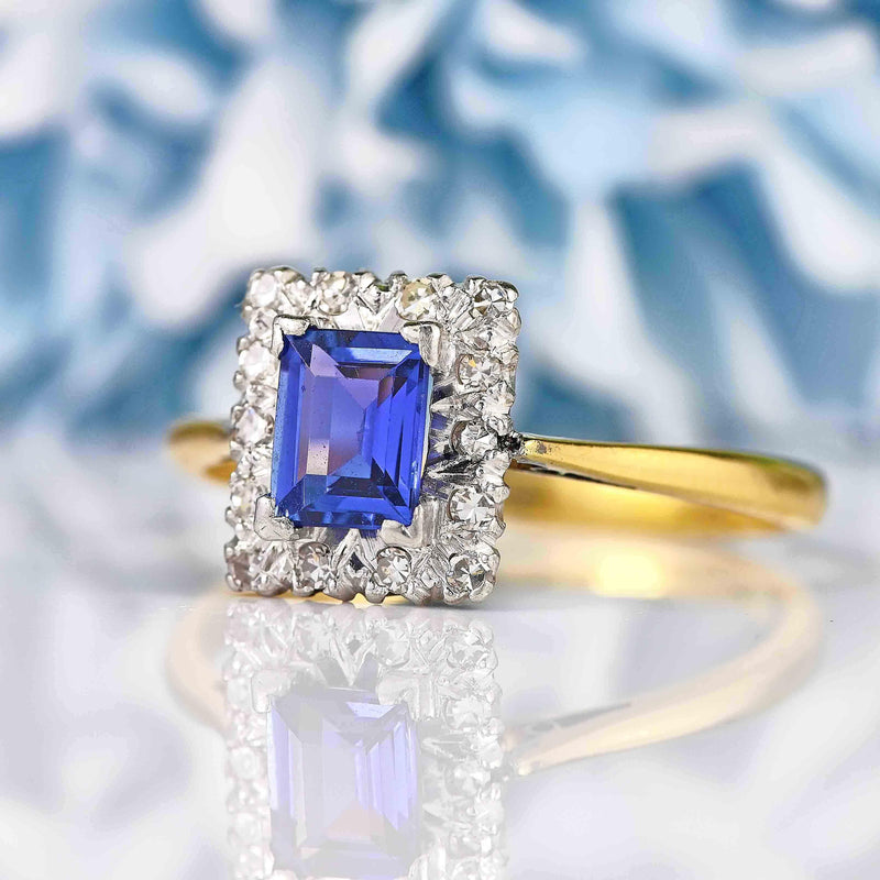 Ellibelle Jewellery Vintage Synthetic Sapphire & Diamond 18ct Gold Ring