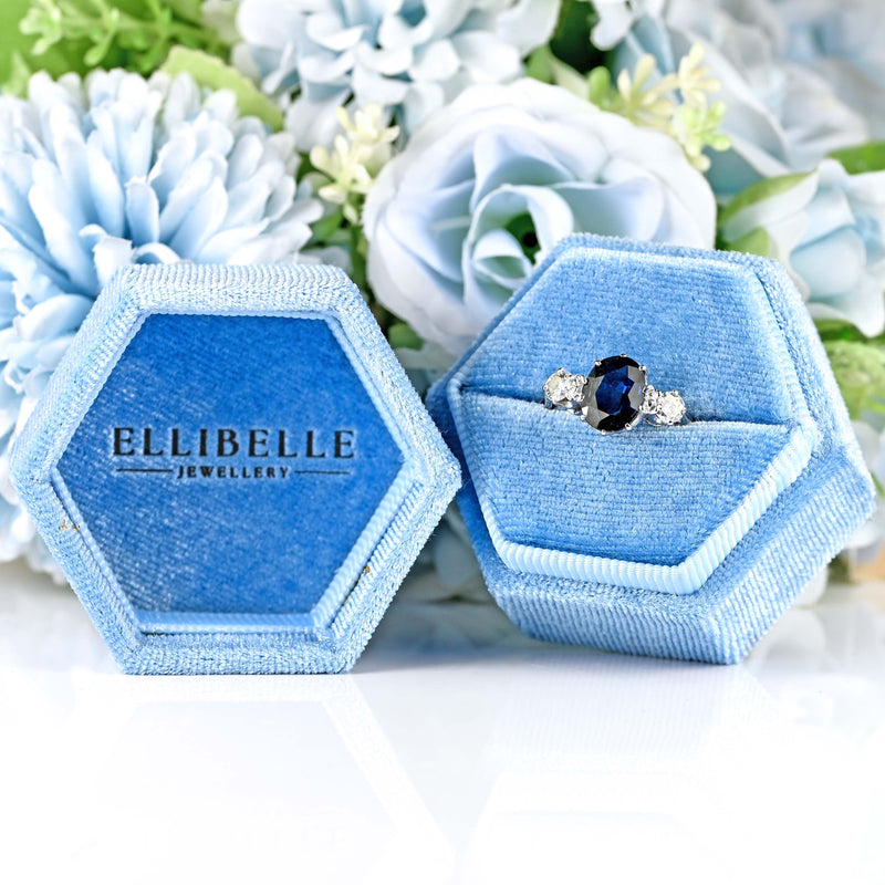 Ellibelle Jewellery Vintage Teal Blue Sapphire & Diamond 18ct White Gold Three-Stone Engagement Ring