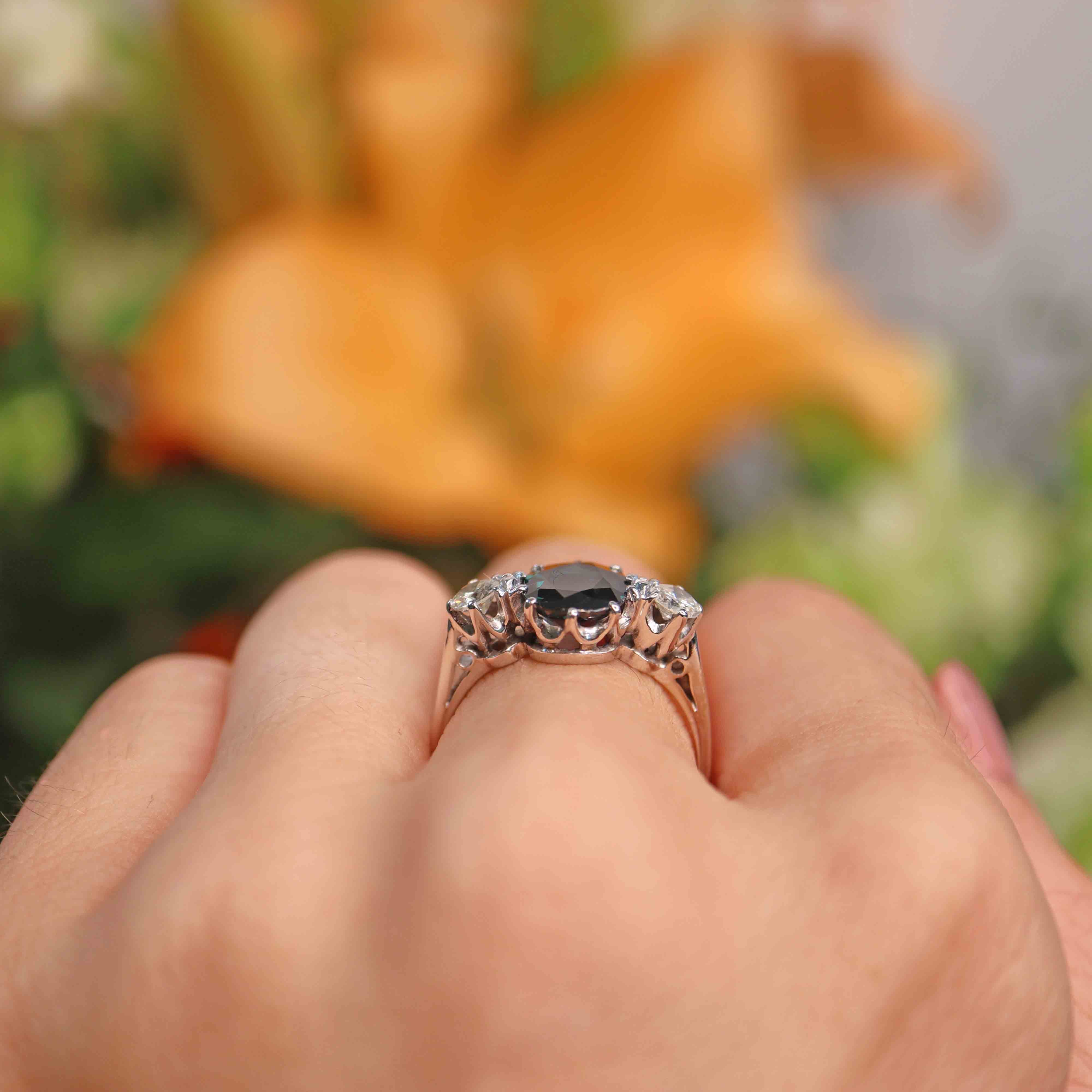 Ellibelle Jewellery Vintage Teal Blue Sapphire & Diamond 18ct White Gold Three-Stone Engagement Ring