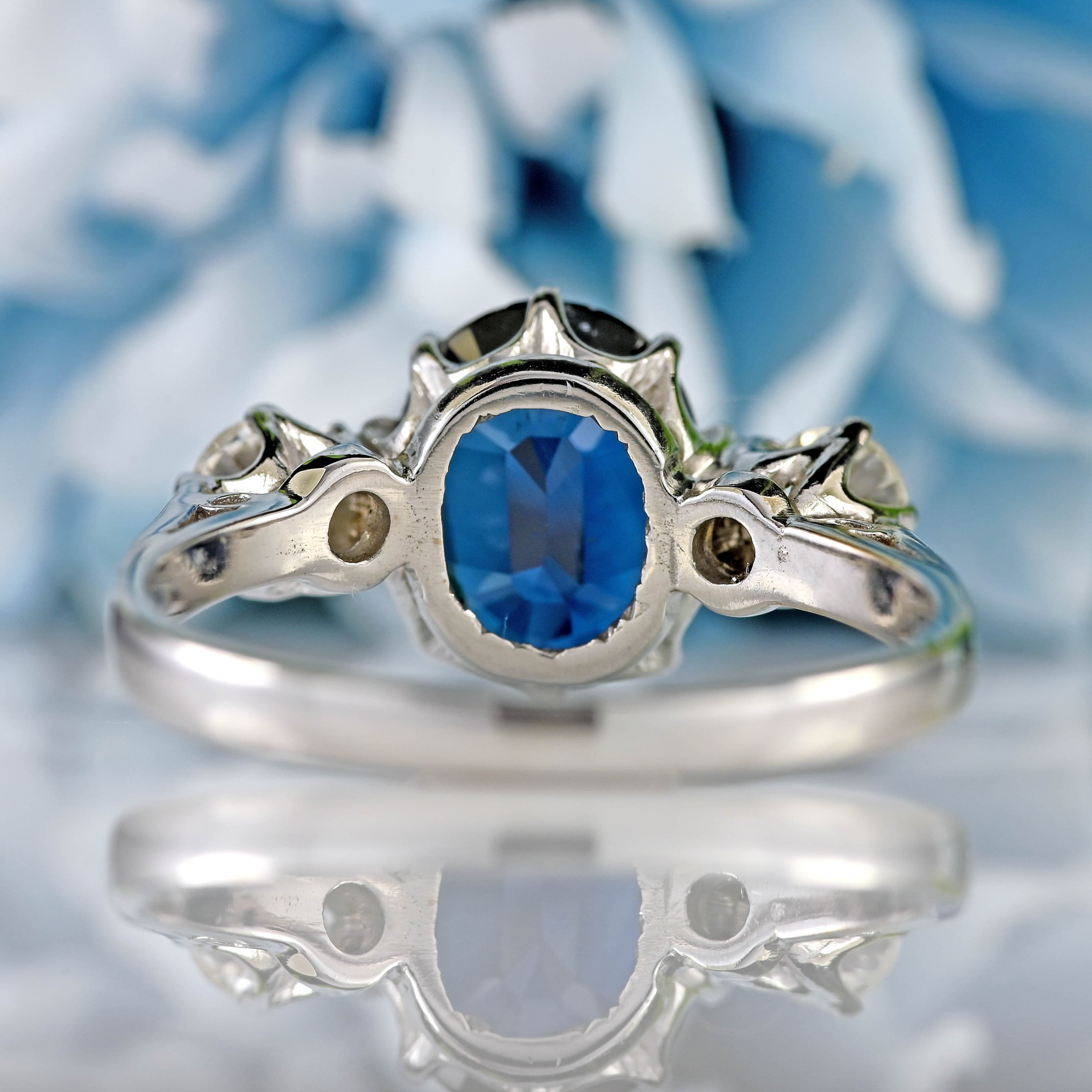 Ellibelle Jewellery Vintage Teal Blue Sapphire & Diamond 18ct White Gold Three-Stone Engagement Ring