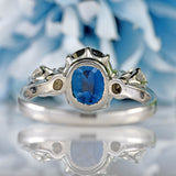 Ellibelle Jewellery Vintage Teal Blue Sapphire & Diamond 18ct White Gold Three-Stone Engagement Ring