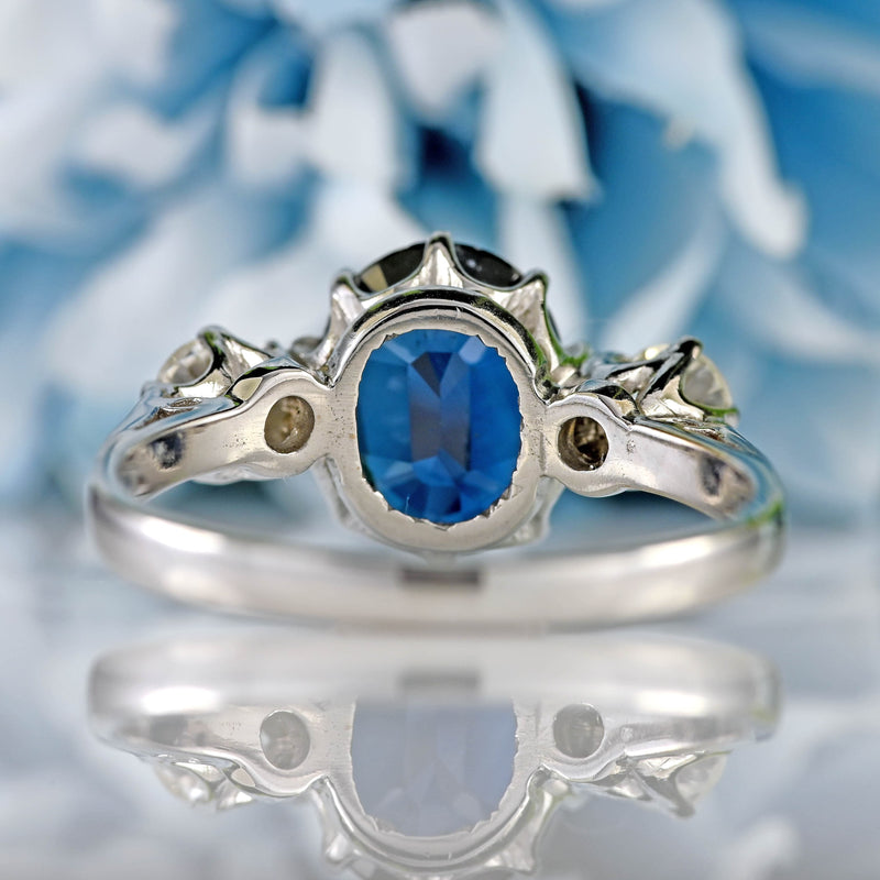 Ellibelle Jewellery Vintage Teal Blue Sapphire & Diamond 18ct White Gold Three-Stone Engagement Ring