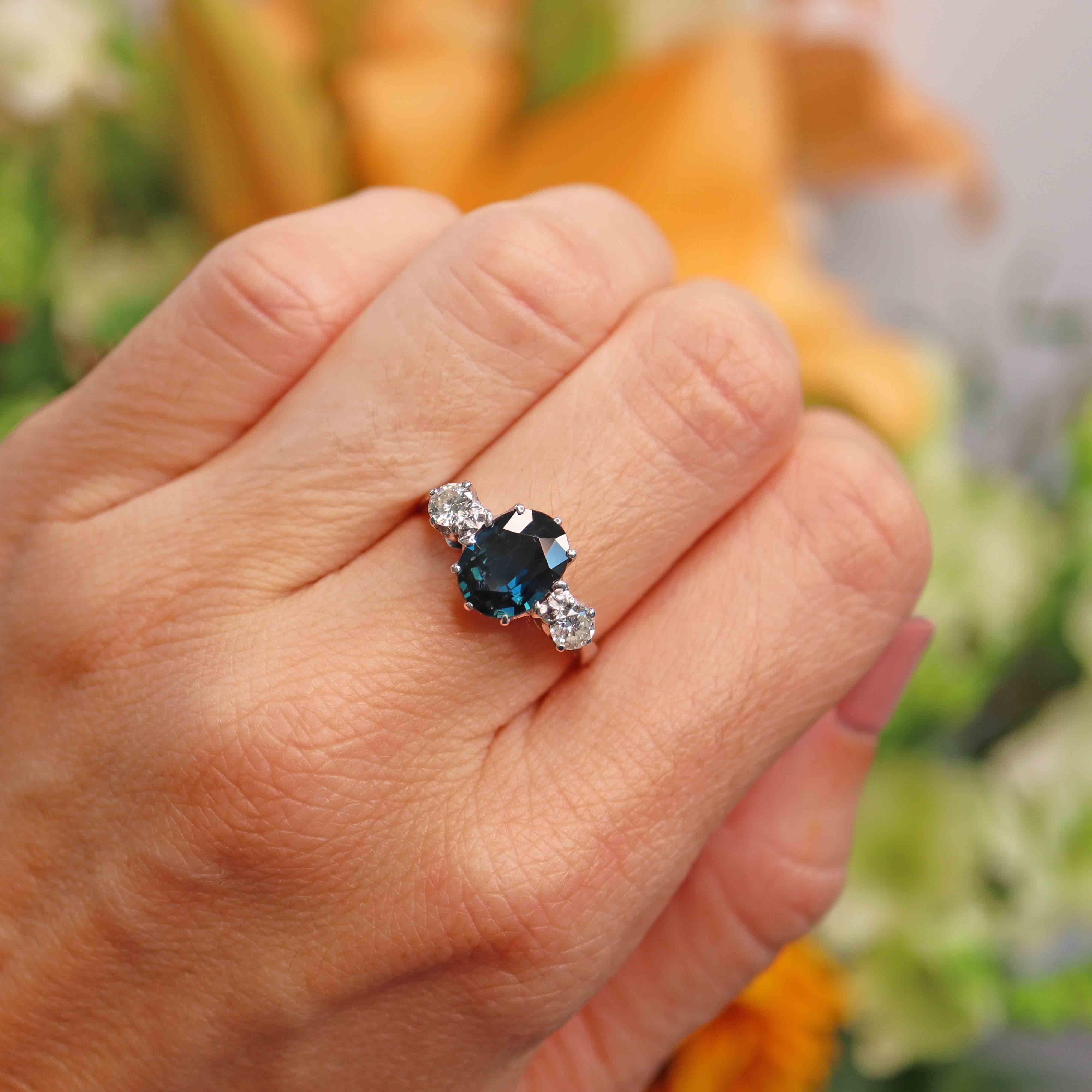 Ellibelle Jewellery Vintage Teal Blue Sapphire & Diamond 18ct White Gold Three-Stone Engagement Ring