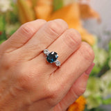 Ellibelle Jewellery Vintage Teal Blue Sapphire & Diamond 18ct White Gold Three-Stone Engagement Ring