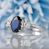 Ellibelle Jewellery Vintage Teal Blue Sapphire & Diamond 18ct White Gold Three-Stone Engagement Ring