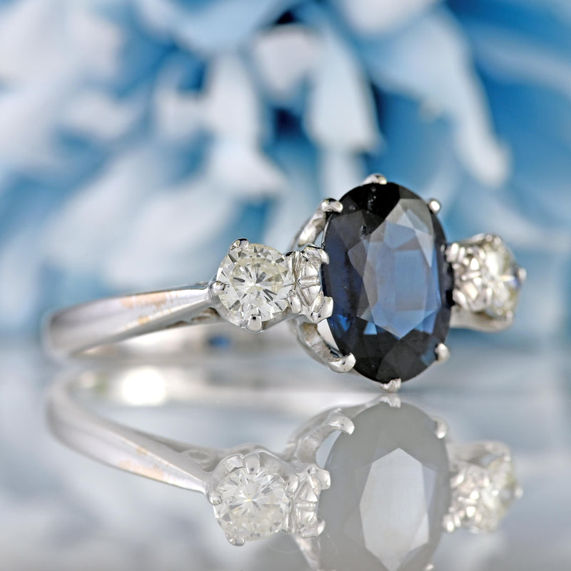 Ellibelle Jewellery Vintage Teal Blue Sapphire & Diamond 18ct White Gold Three-Stone Engagement Ring