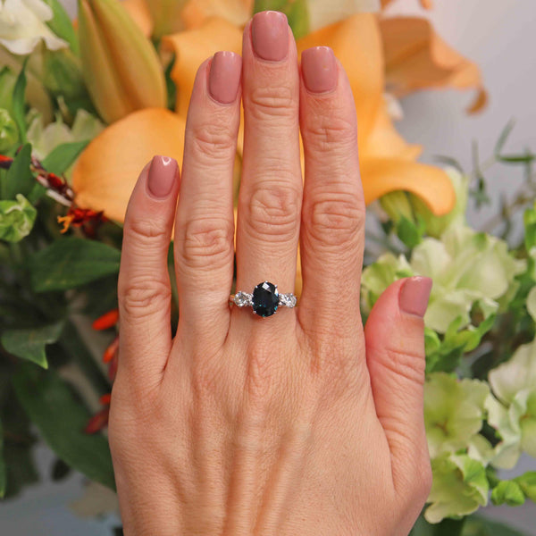 Ellibelle Jewellery Vintage Teal Blue Sapphire & Diamond 18ct White Gold Three-Stone Engagement Ring
