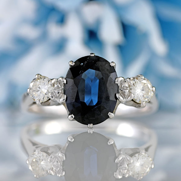 Ellibelle Jewellery Vintage Teal Blue Sapphire & Diamond 18ct White Gold Three-Stone Engagement Ring
