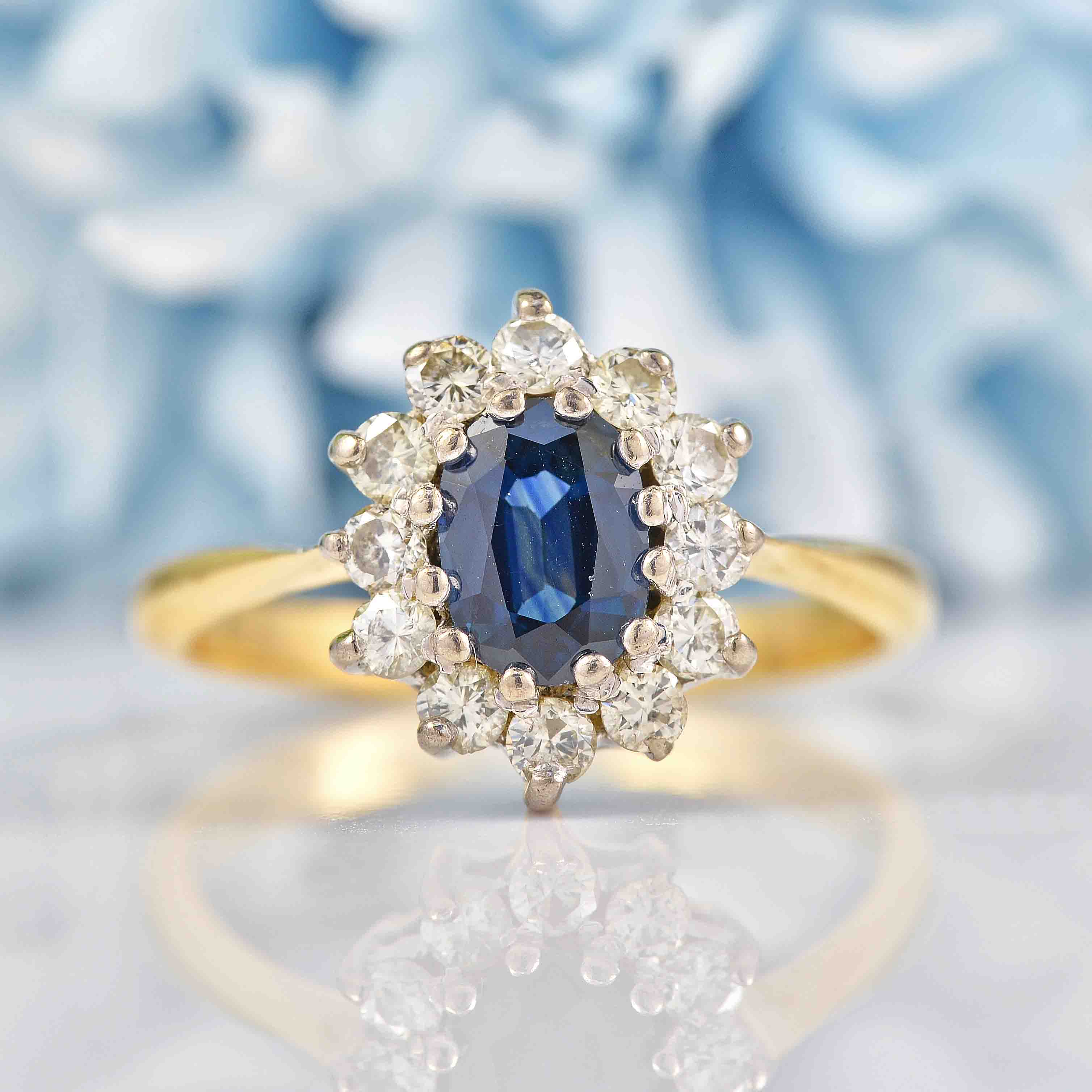 Ellibelle Jewellery Vintage Teal Sapphire & Diamond 18ct Gold Cluster Ring