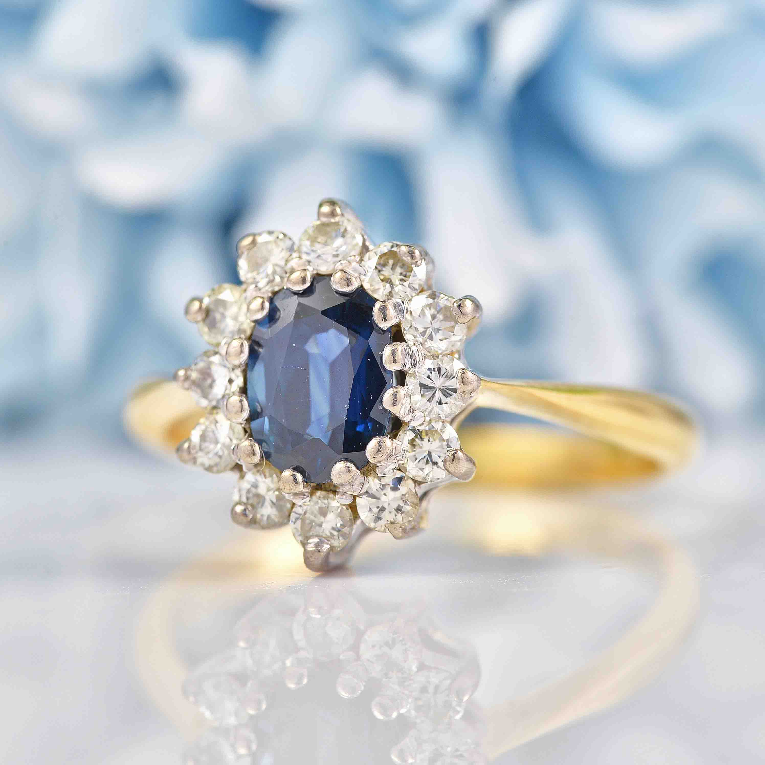 Ellibelle Jewellery Vintage Teal Sapphire & Diamond 18ct Gold Cluster Ring