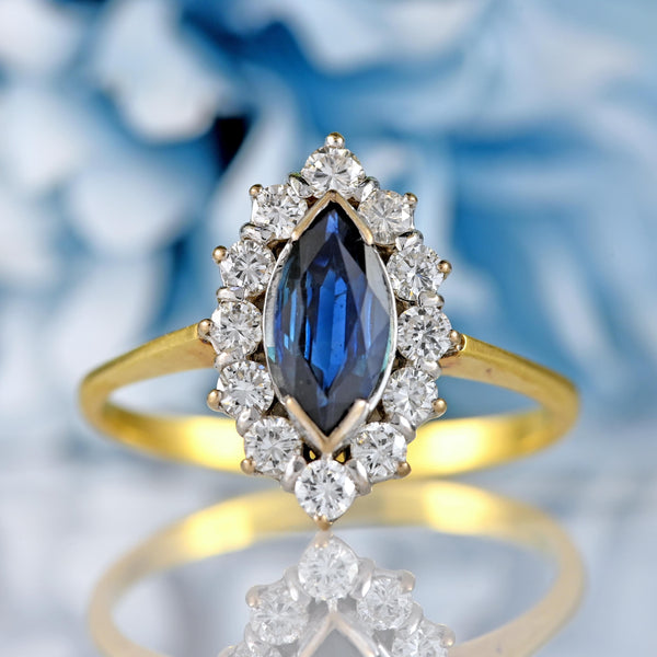 Ellibelle Jewellery Vintage Teal Sapphire & Diamond 18ct Gold Marquise Cluster Ring