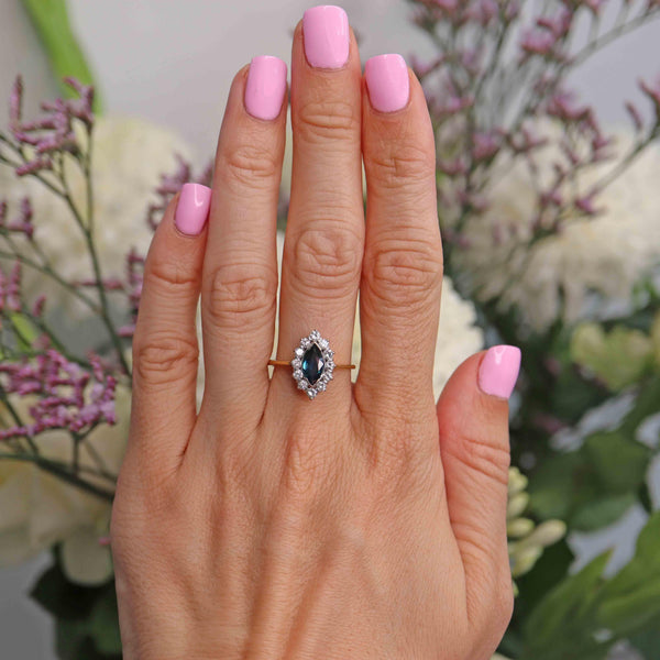 Ellibelle Jewellery Vintage Teal Sapphire & Diamond 18ct Gold Marquise Cluster Ring
