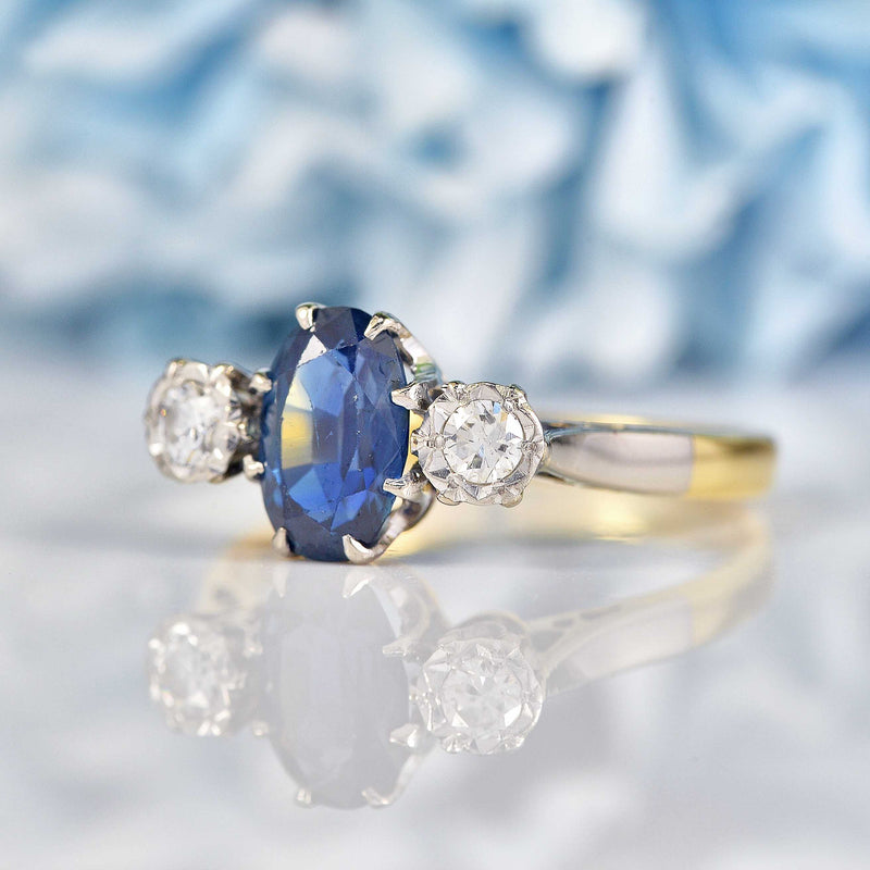 Ellibelle Jewellery Vintage Teal Sapphire & Diamond Three-Stone Engagement Ring (1.35ct)