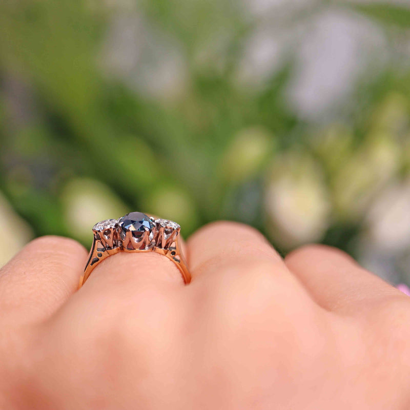 Ellibelle Jewellery Vintage Teal Sapphire & Diamond Three-Stone Engagement Ring (1.35ct)