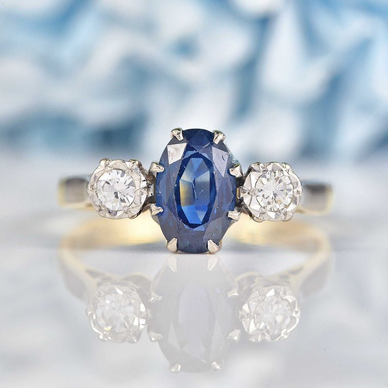 Ellibelle Jewellery Vintage Teal Sapphire & Diamond Three-Stone Engagement Ring (1.35ct)