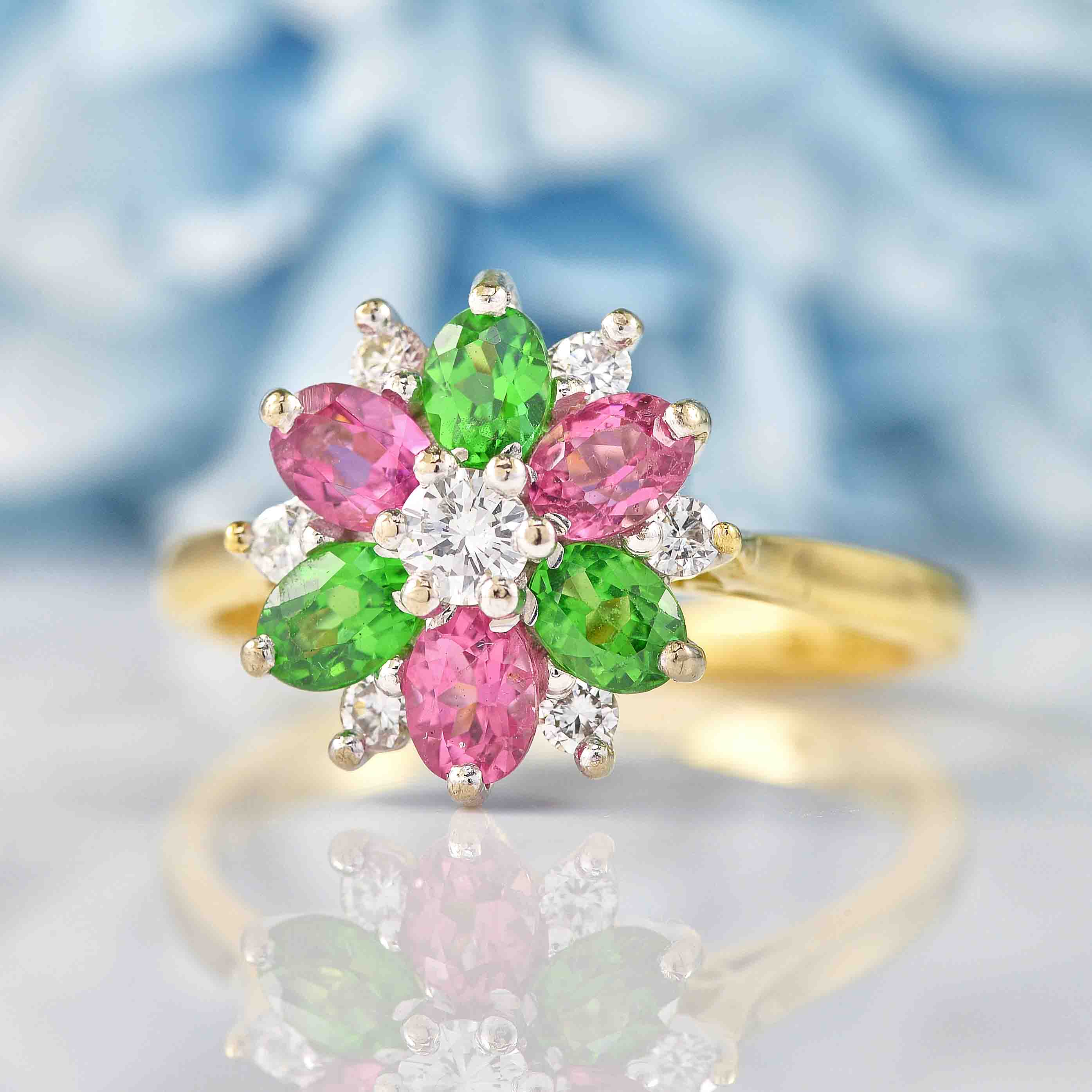 Ellibelle Jewellery Vintage Tsavorite Garnet, Pink Topaz & Diamond 18ct Gold Ring