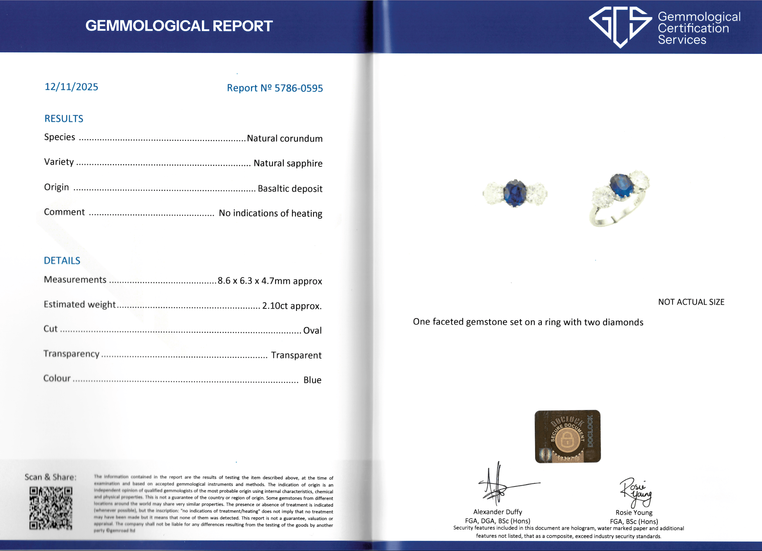 Ellibelle Jewellery Vintage Unheated 2.10ct Sapphire & Diamond 18ct White Gold Three-Stone Engagement Ring