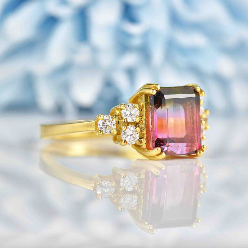 Ellibelle Jewellery Vintage Watermelon Tourmaline & Diamond 18ct Gold Ring