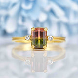 Ellibelle Jewellery Vintage Watermelon Tourmaline & Diamond Gold Trilogy Ring