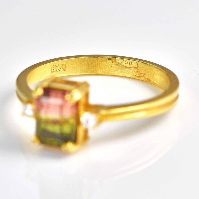 Ellibelle Jewellery Vintage Watermelon Tourmaline & Diamond Gold Trilogy Ring