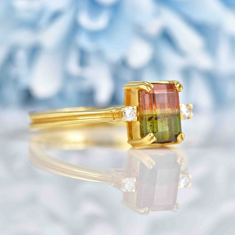 Ellibelle Jewellery Vintage Watermelon Tourmaline & Diamond Gold Trilogy Ring