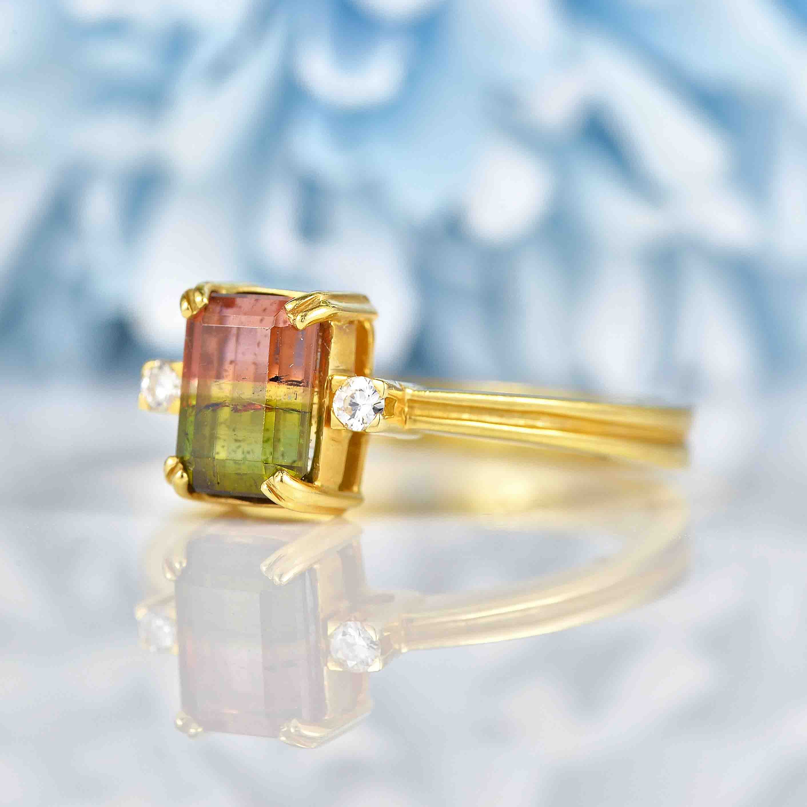 Ellibelle Jewellery Vintage Watermelon Tourmaline & Diamond Gold Trilogy Ring