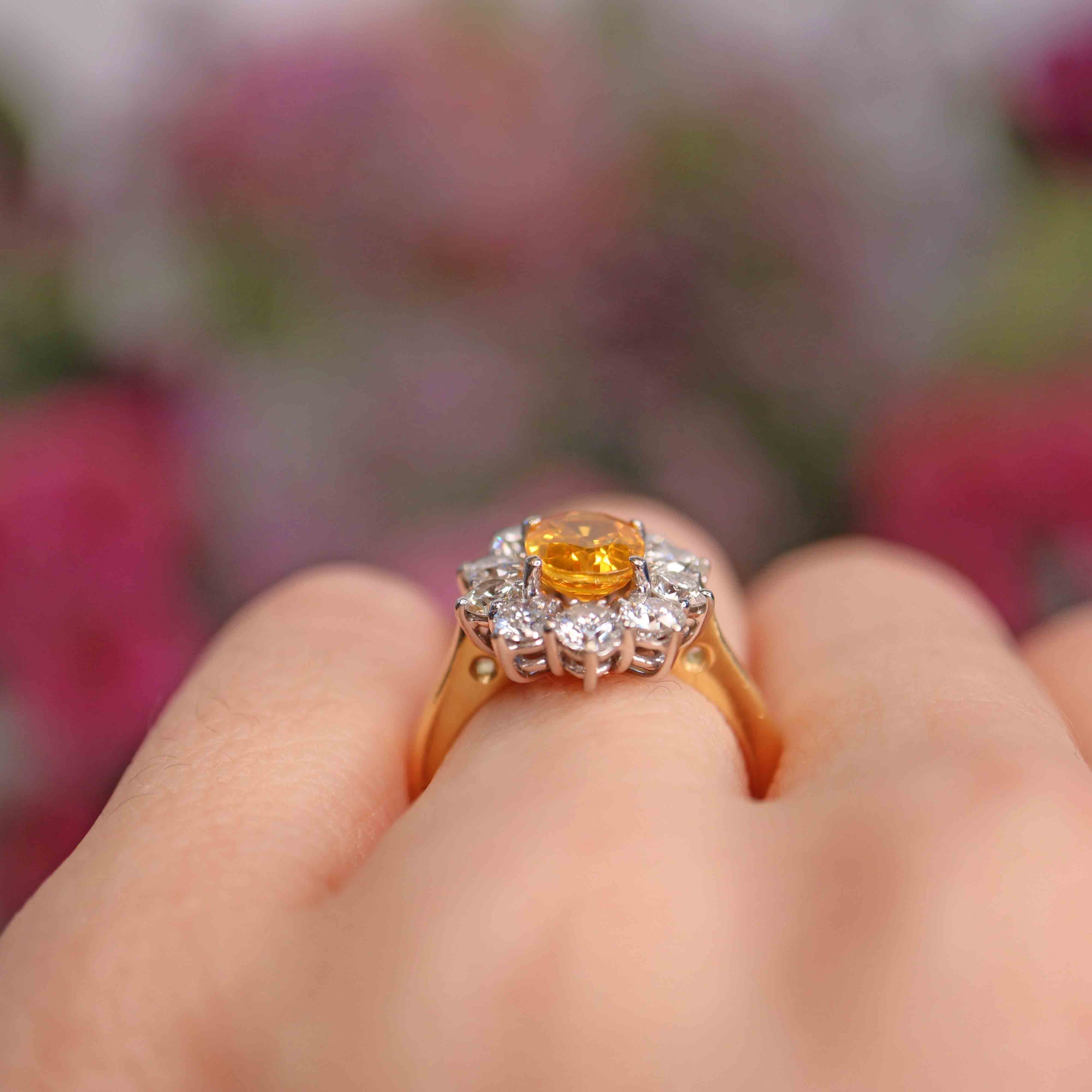 Ellibelle Jewellery Vintage Yellow Sapphire & Diamond 18ct Gold Cluster Engagement Ring (1.43cts)
