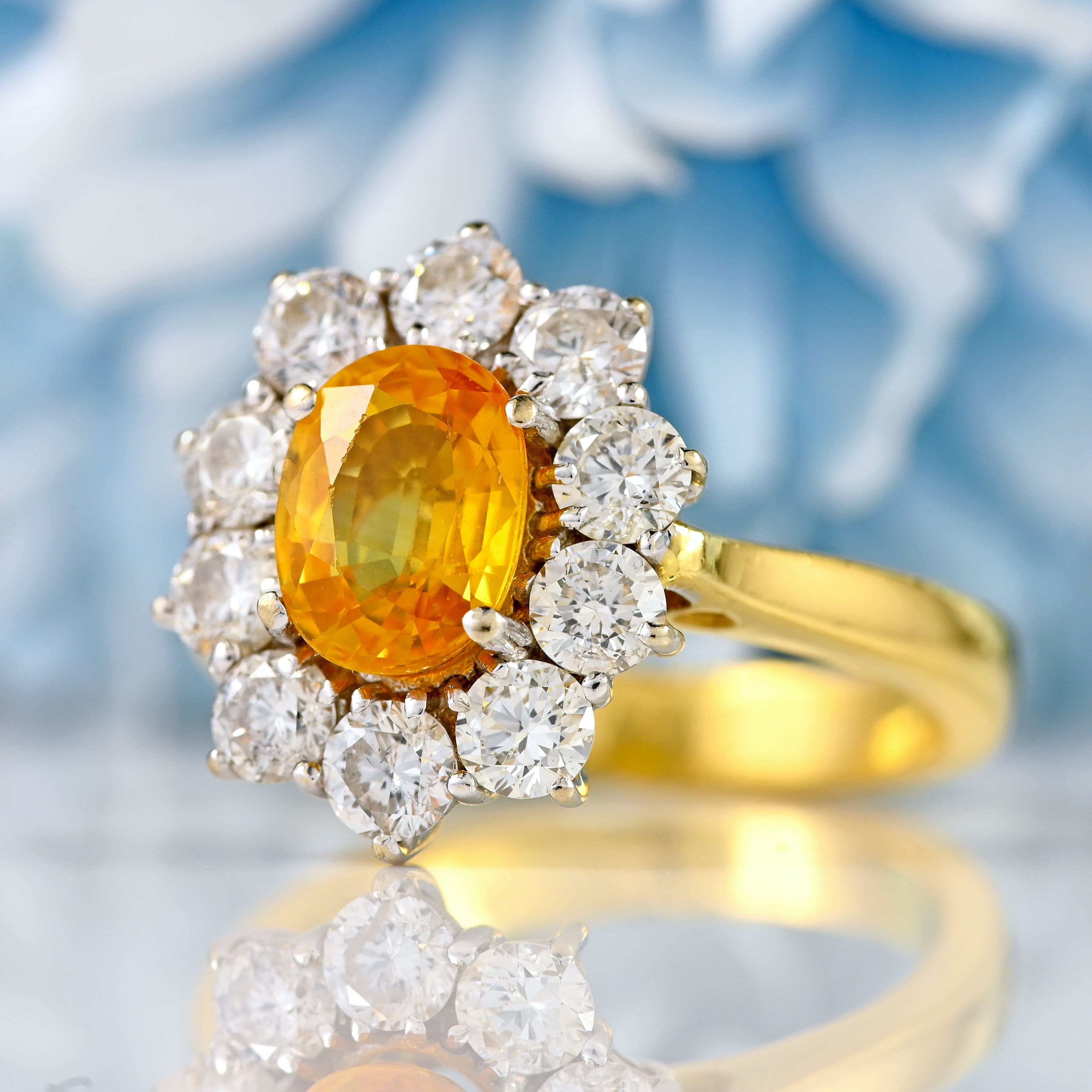 Ellibelle Jewellery Vintage Yellow Sapphire & Diamond 18ct Gold Cluster Engagement Ring (1.43cts)