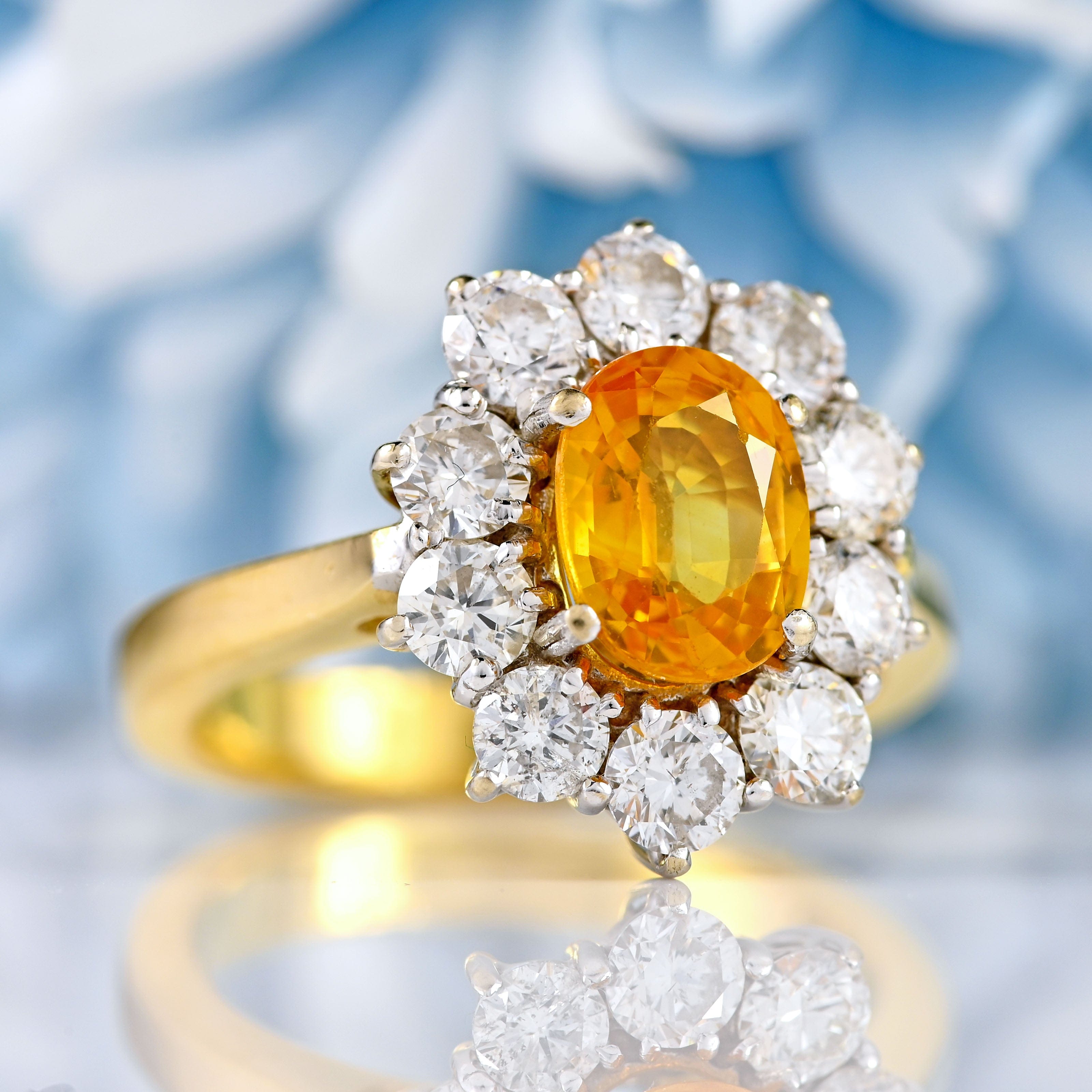 Ellibelle Jewellery Vintage Yellow Sapphire & Diamond 18ct Gold Cluster Engagement Ring (1.43cts)